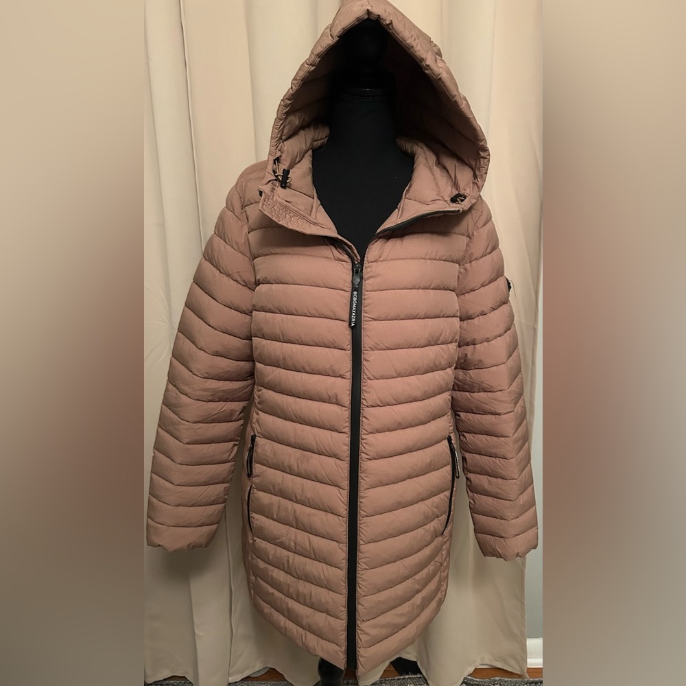 BCBGMaxAzria Womens Feather Free Eco-Friendly Fill Puffer Jacket Camel Tan LARGE